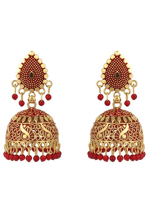 Red Bead Jhumka Earrings