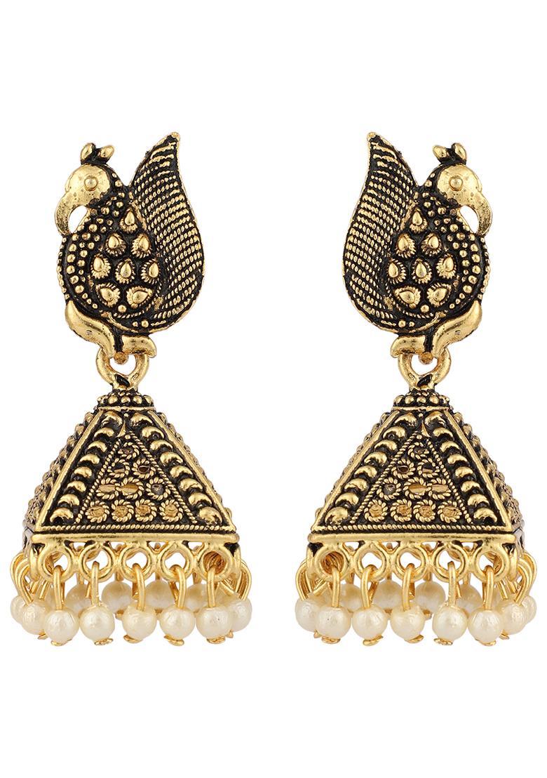 Gold Plated Bead Jhumka Earrings - Indya