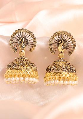 Gold Plated Bead Jhumka Earrings