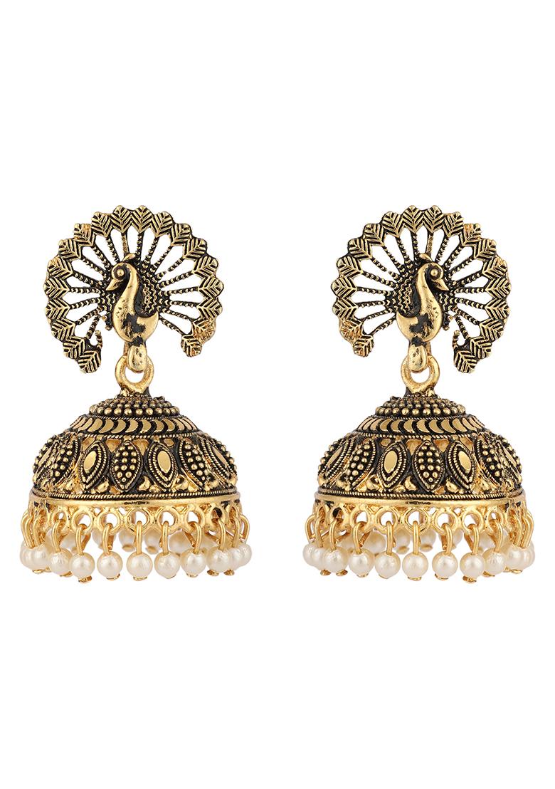 Gold Plated Bead Jhumka Earrings - Indya
