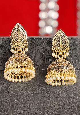 Gold Plated Bead Jhumka Earrings