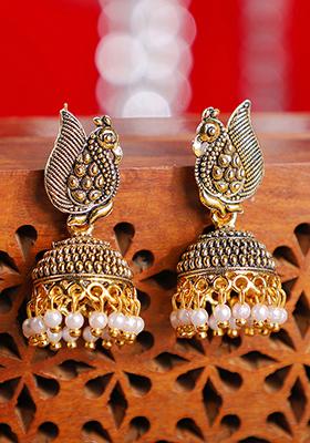 Gold Plated Bead Jhumka Earrings