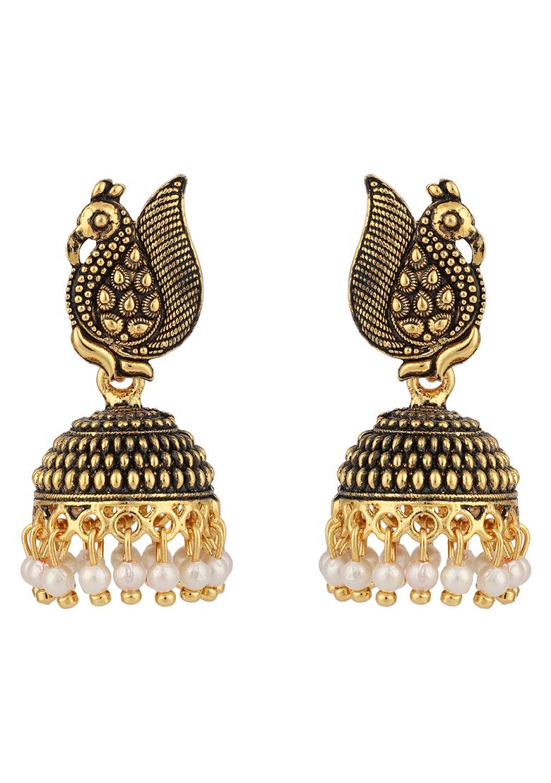 Gold Plated Bead Jhumka Earrings - Indya