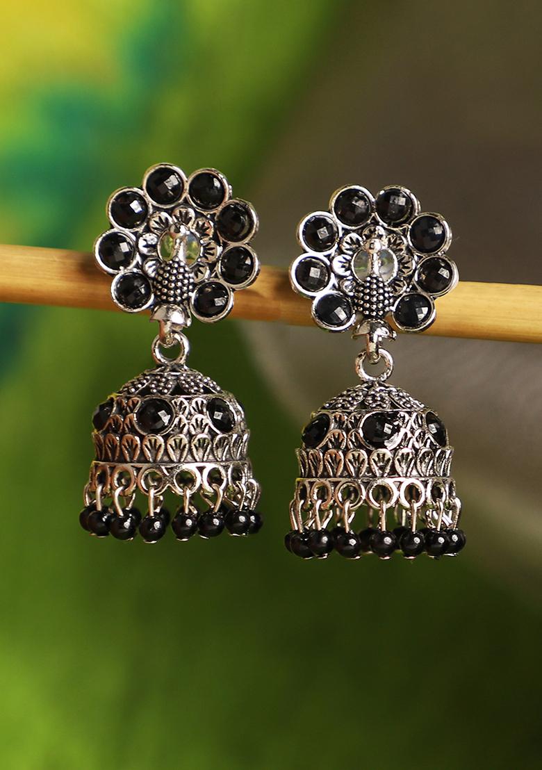 Black Artificial Stone Bead Jhumka Earrings