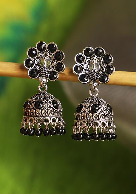 Black Artificial Stone Bead Jhumka Earrings