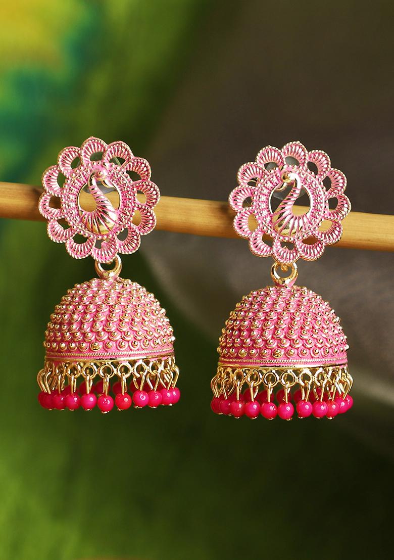 Pink Bead Jhumka Earrings