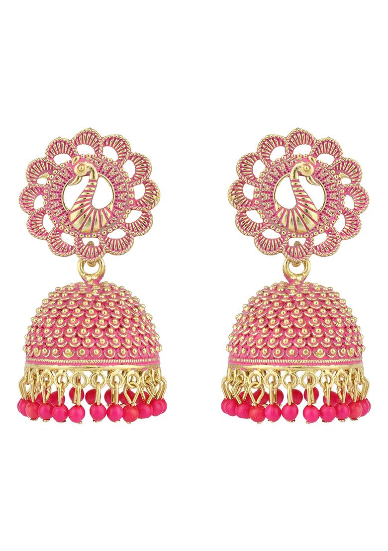 Pink Bead Jhumka Earrings