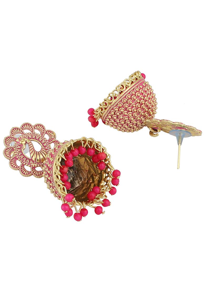 Pink Bead Jhumka Earrings