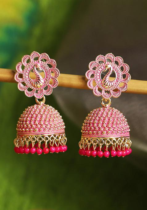 Pink Bead Jhumka Earrings