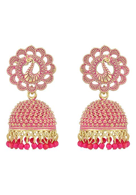 Pink Bead Jhumka Earrings