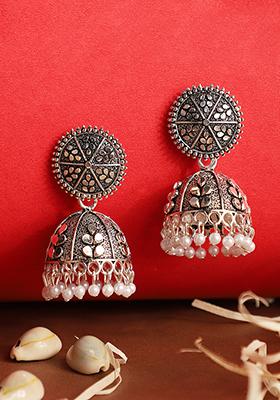 Silver Plated Bead Jhumka Earrings
