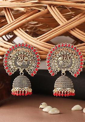 Red Bead Jhumka Earrings