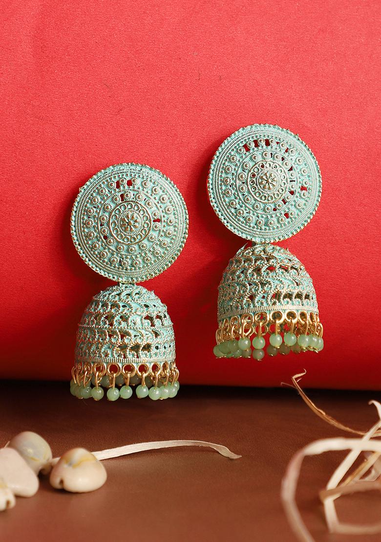 Sea Green Bead Jhumka Earrings