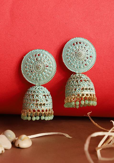 Sea Green Bead Jhumka Earrings