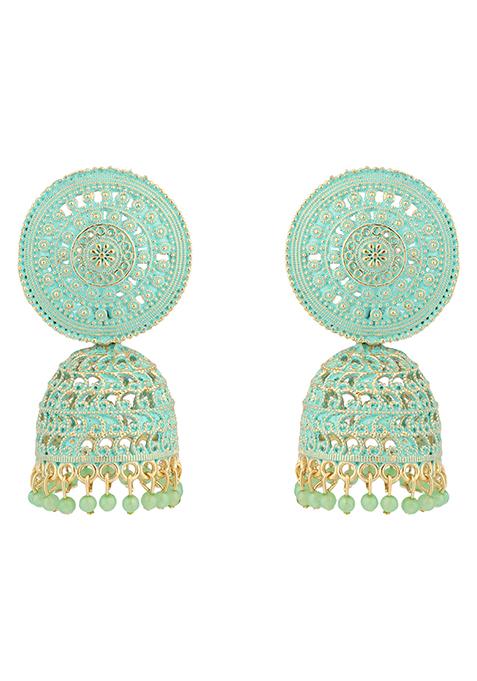 Sea Green Bead Jhumka Earrings