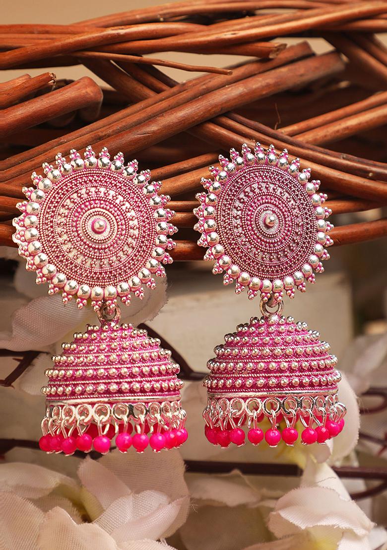 Pink Bead Jhumka Earrings