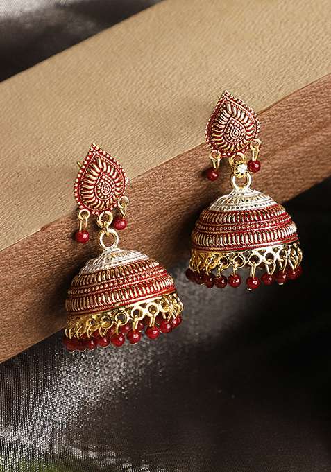 Maroon Bead Jhumka Earrings