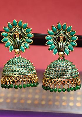 Green Bead Jhumka Earrings