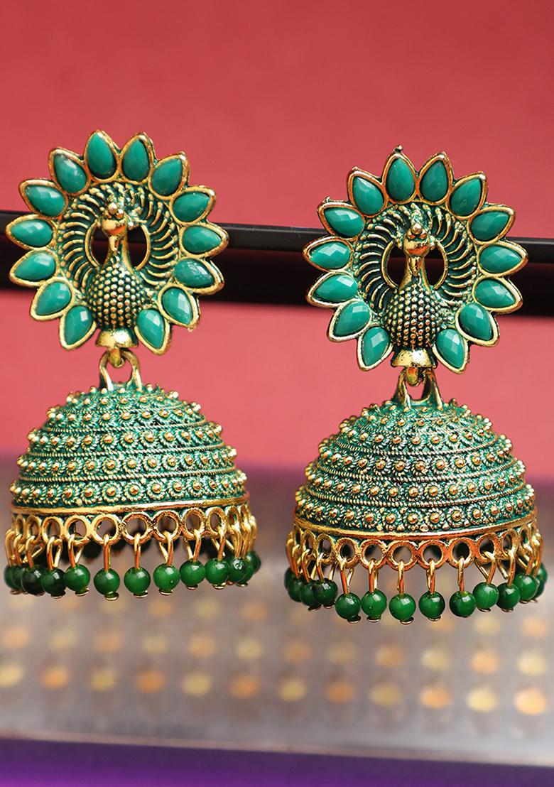 Green Bead Jhumka Earrings