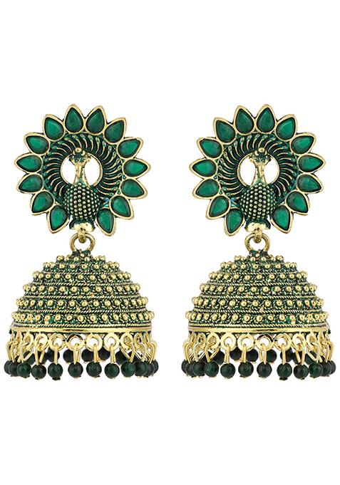 Green Bead Jhumka Earrings