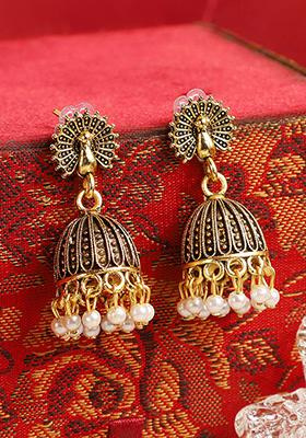 Gold Plated Bead Jhumka Earrings