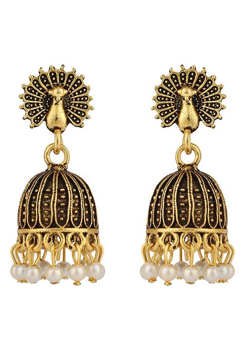 Gold Plated Bead Jhumka Earrings