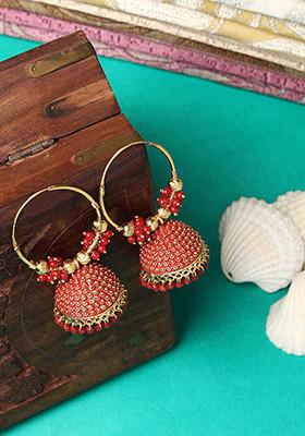Red Bead Jhumka Earrings