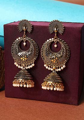Gold Plated Bead Jhumka Earrings