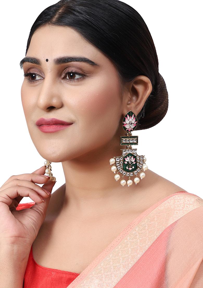Green Kundan Drop Earrings - Indya