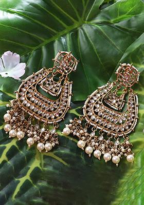 Gold Plated Artificial Stone Bead Drop Earrings