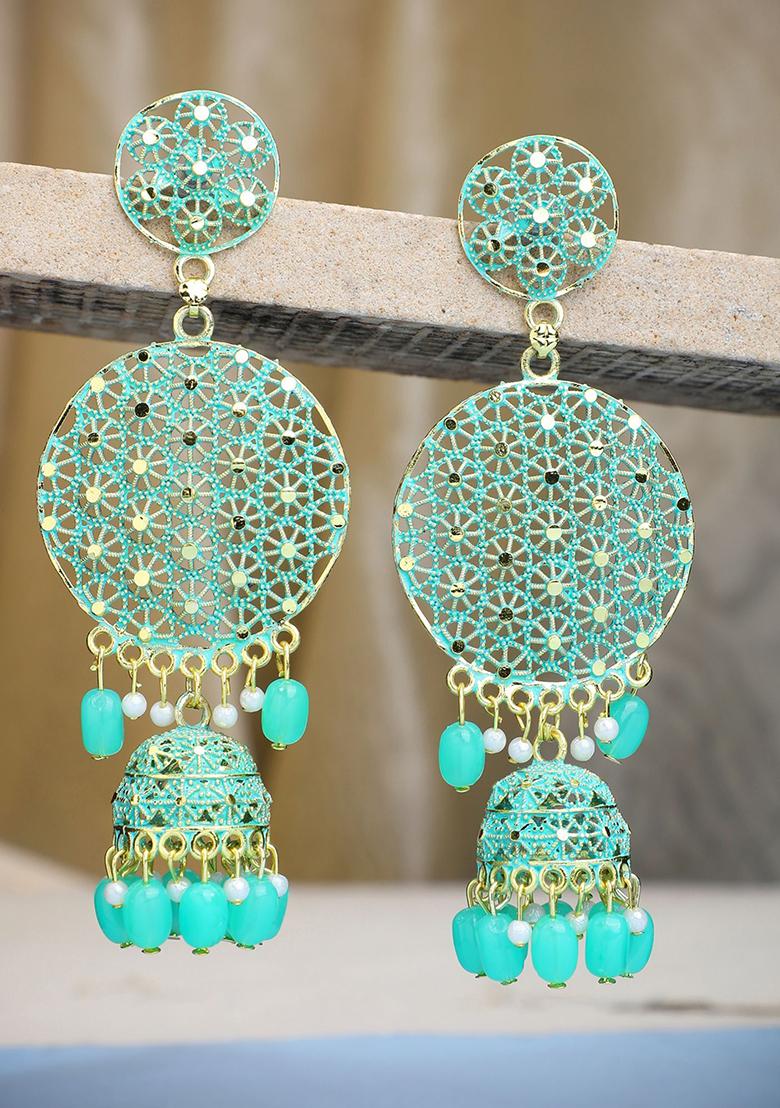 Sea Green Bead Jhumka Earrings