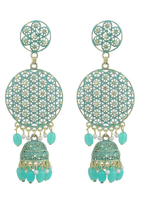 Sea Green Bead Jhumka Earrings