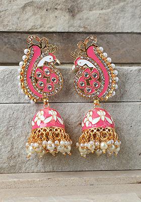 Pink Artificial Stone Bead Jhumka Earrings