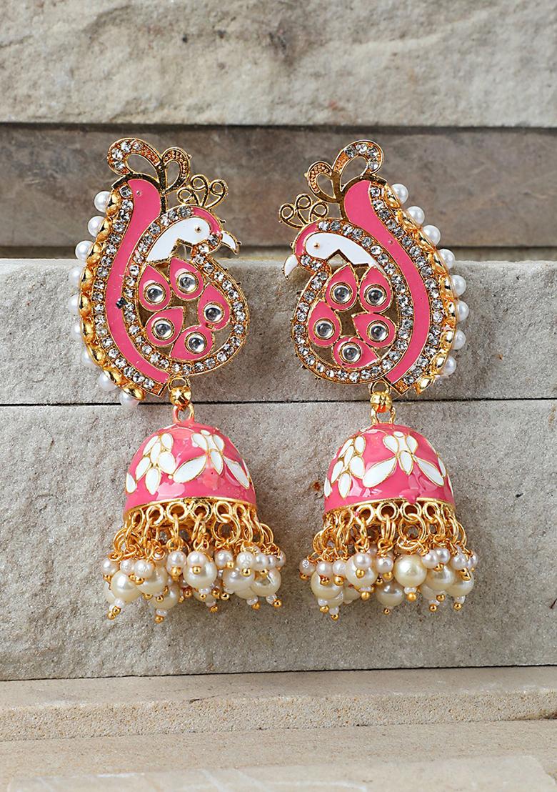 Pink Artificial Stone Bead Jhumka Earrings