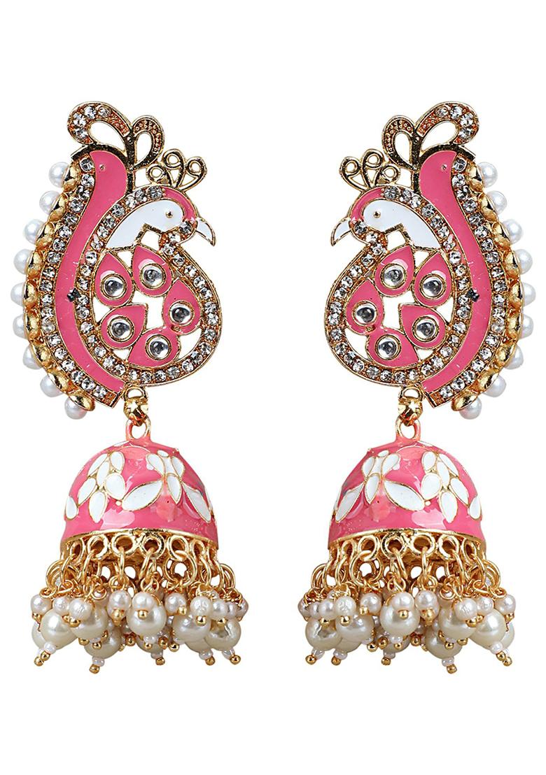 Pink Artificial Stone Bead Jhumka Earrings