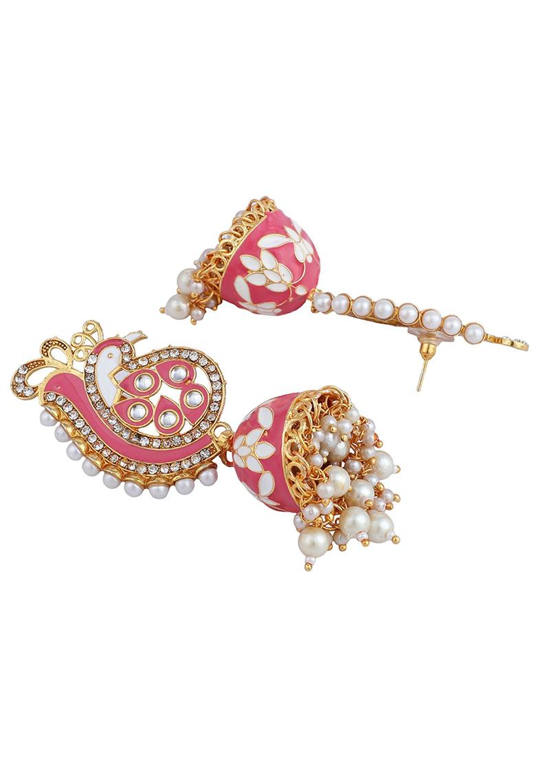 Pink Artificial Stone Bead Jhumka Earrings