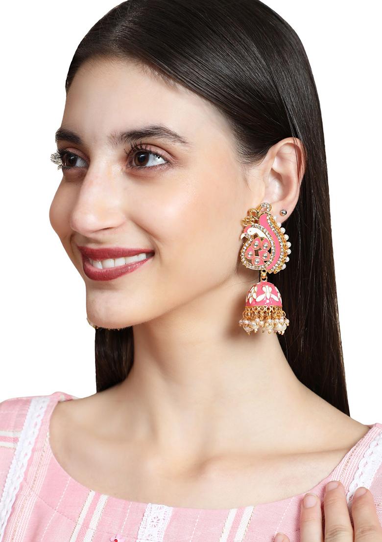 Pink Artificial Stone Bead Jhumka Earrings