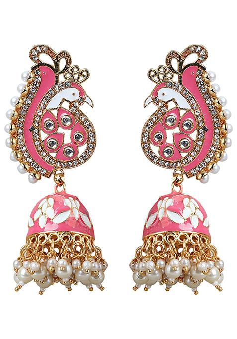 Pink Artificial Stone Bead Jhumka Earrings