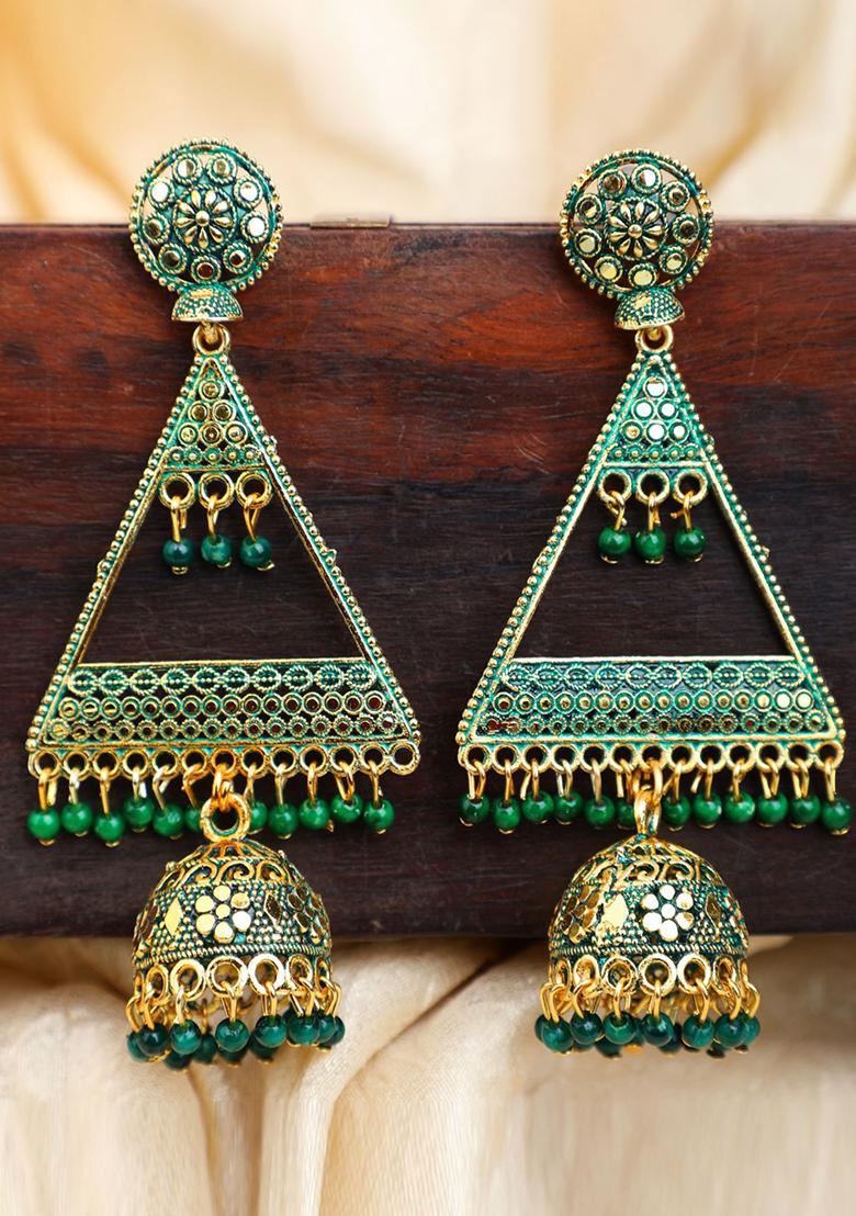 Green Bead Jhumka Earrings