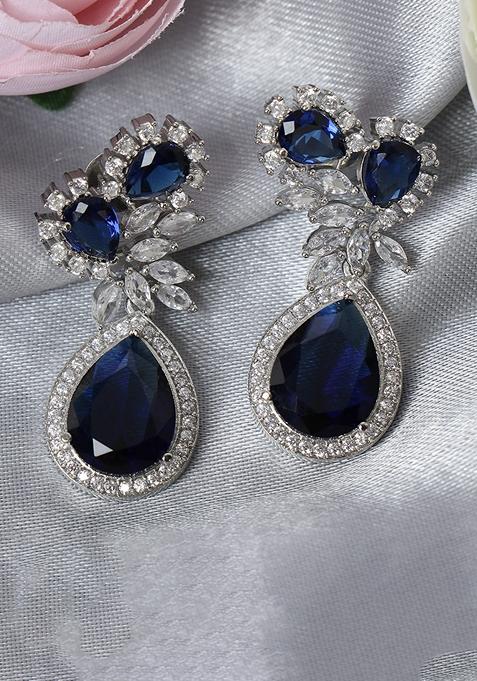 Blue Silver Plated American Diamond Teardrop Earrings