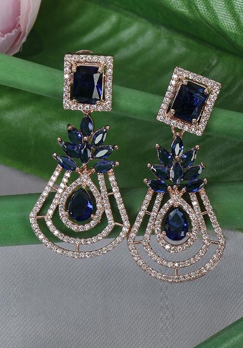 Rose Gold Plated Blue American Diamond Drop Earrings