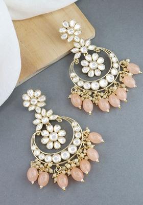 Peach Gold Plated Traditional Handcrafted Pearl Kundan Beaded Earrings