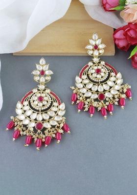 Rani Pink Gold Plated Traditional Handcrafted Pearl Kundan Beaded Earrings