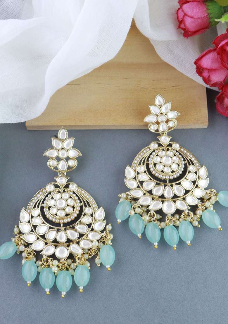 Turquoise Gold Plated Traditional Handcrafted Pearl Kundan Beaded Earrings - Indya