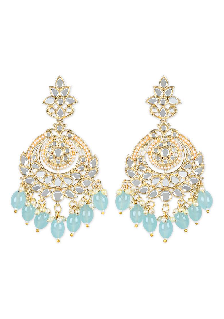 Turquoise Gold Plated Traditional Handcrafted Pearl Kundan Beaded Earrings