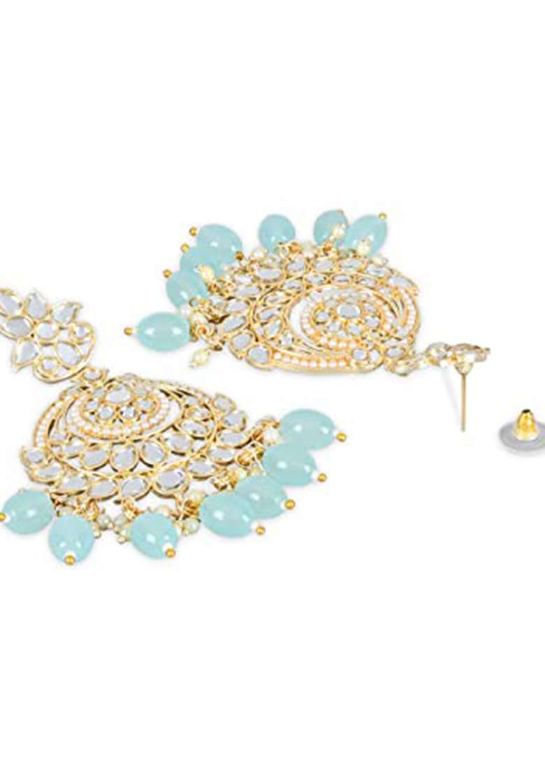 Turquoise Gold Plated Traditional Handcrafted Pearl Kundan Beaded Earrings - Indya