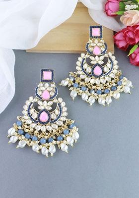 Multicolour Gold Plated Traditional Handcrafted Pearl Kundan Beaded Earrings
