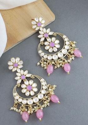 Pink Gold Plated Traditional Handcrafted Pearl Kundan Beaded Earrings