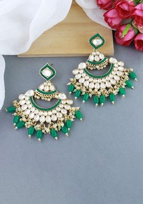 Green Gold Plated Traditional Handcrafted Pearl Kundan Beaded Earrings