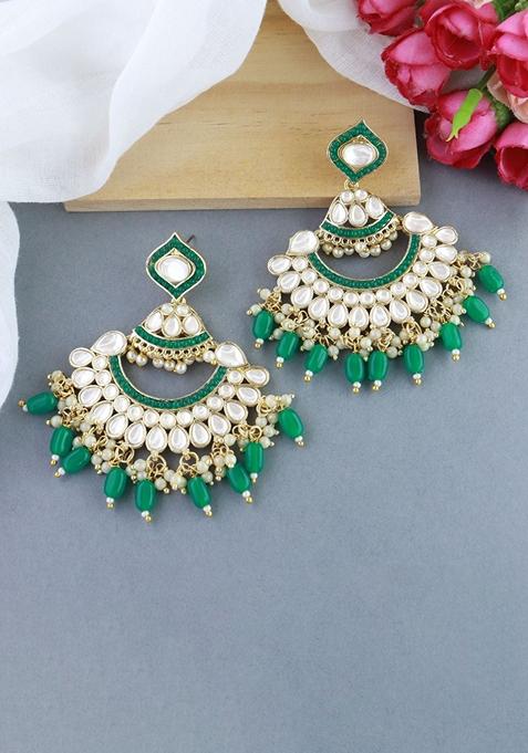 Green Gold Plated Traditional Handcrafted Pearl Kundan Beaded Earrings